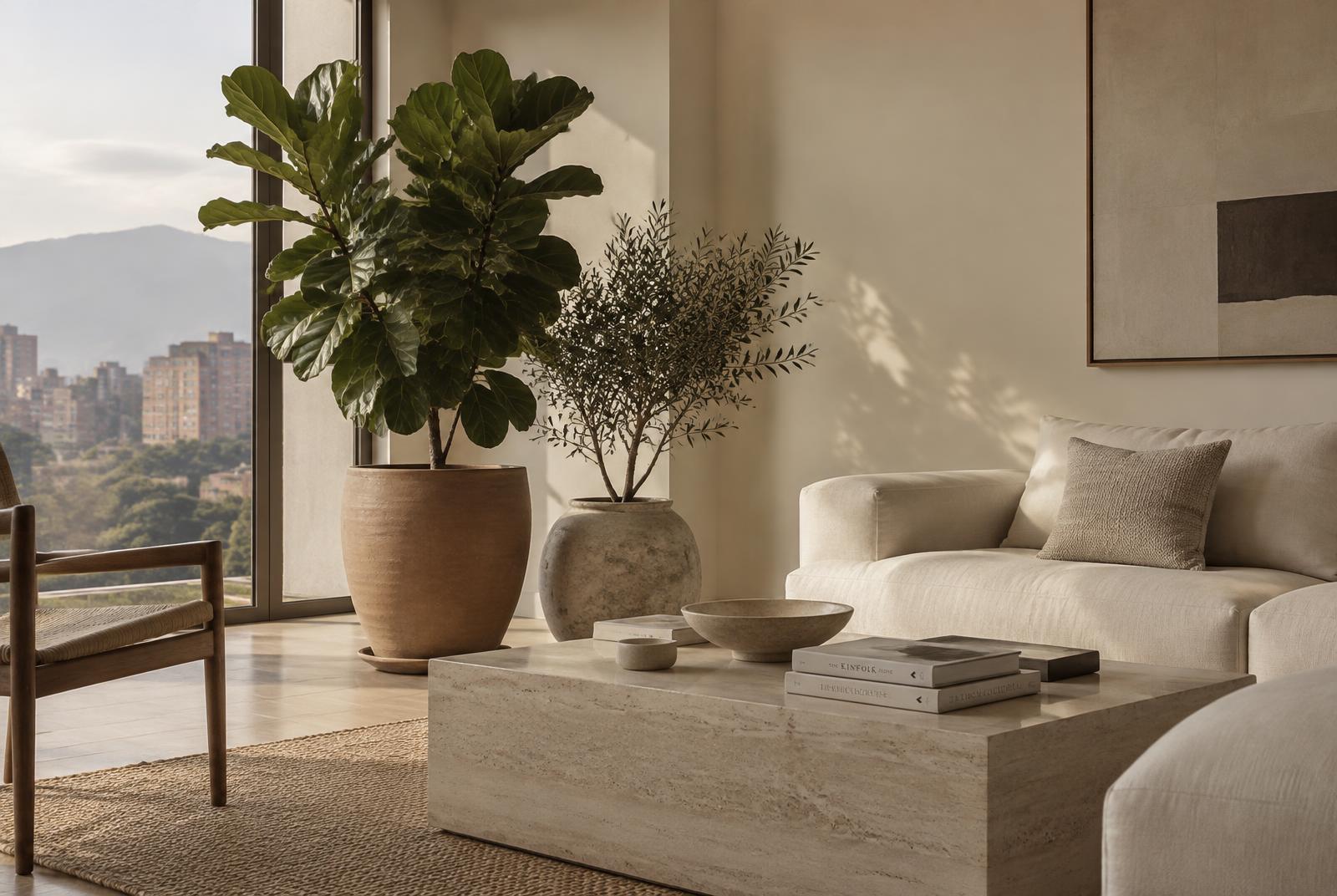 Sala minimalista transformada con un ficus lyrata y un olivo en materas de cerámica